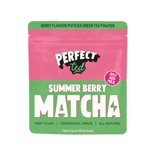 Packaging of Perfect Ted Summer Berry Matcha green tea powder on a white background