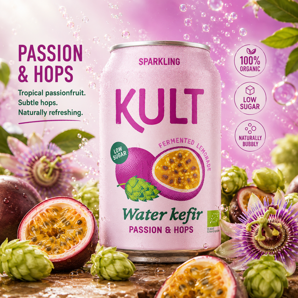 KULT vodni kefir Marakuja in hmelj, 330 ml