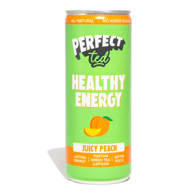 Green can of Perfect Ted Healthy Energy Juicy Peach on a white background