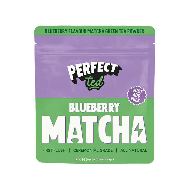 Packaging of Perfect Ted Blueberry Matcha green tea powder on a white background