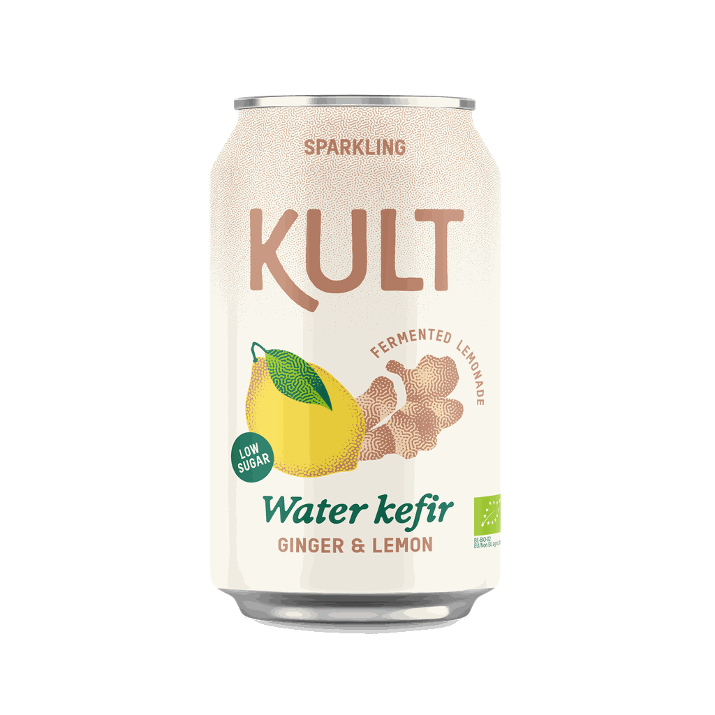 KULT sparkling water kefir can with ginger and lemon on a white background