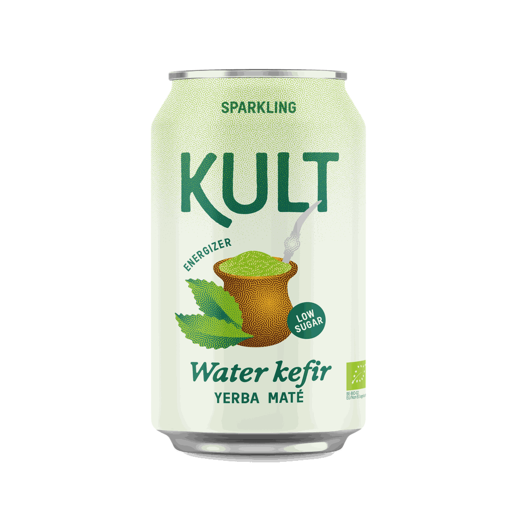 KULT sparkling water kefir can with yerba mate flavor on a white background