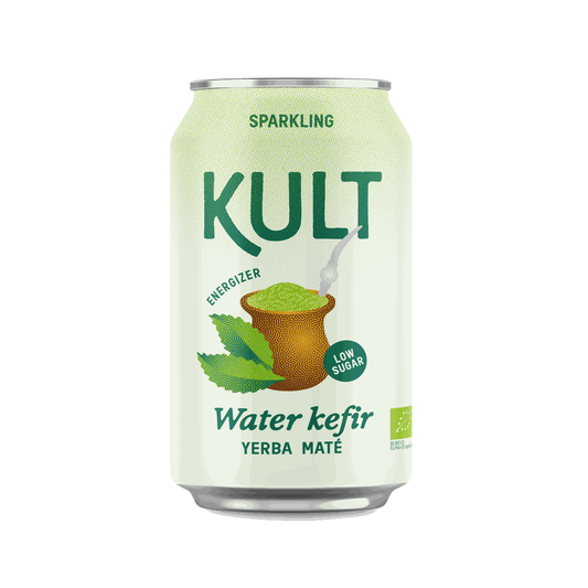 KULT sparkling water kefir can with yerba mate flavor on a white background