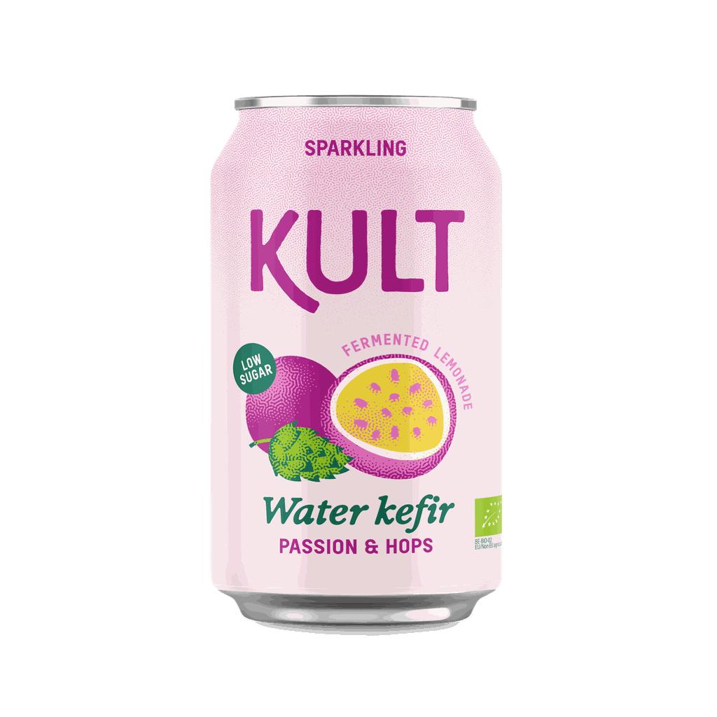 KULT sparkling water kefir can with pink label on a white background