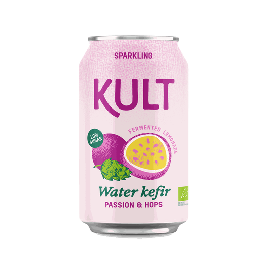 KULT sparkling water kefir can with pink label on a white background