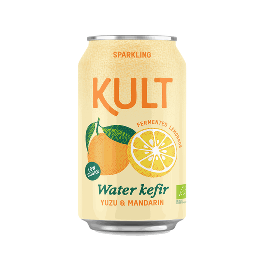 KULT sparkling water kefir can with yuzu and mandarin flavors on a white background