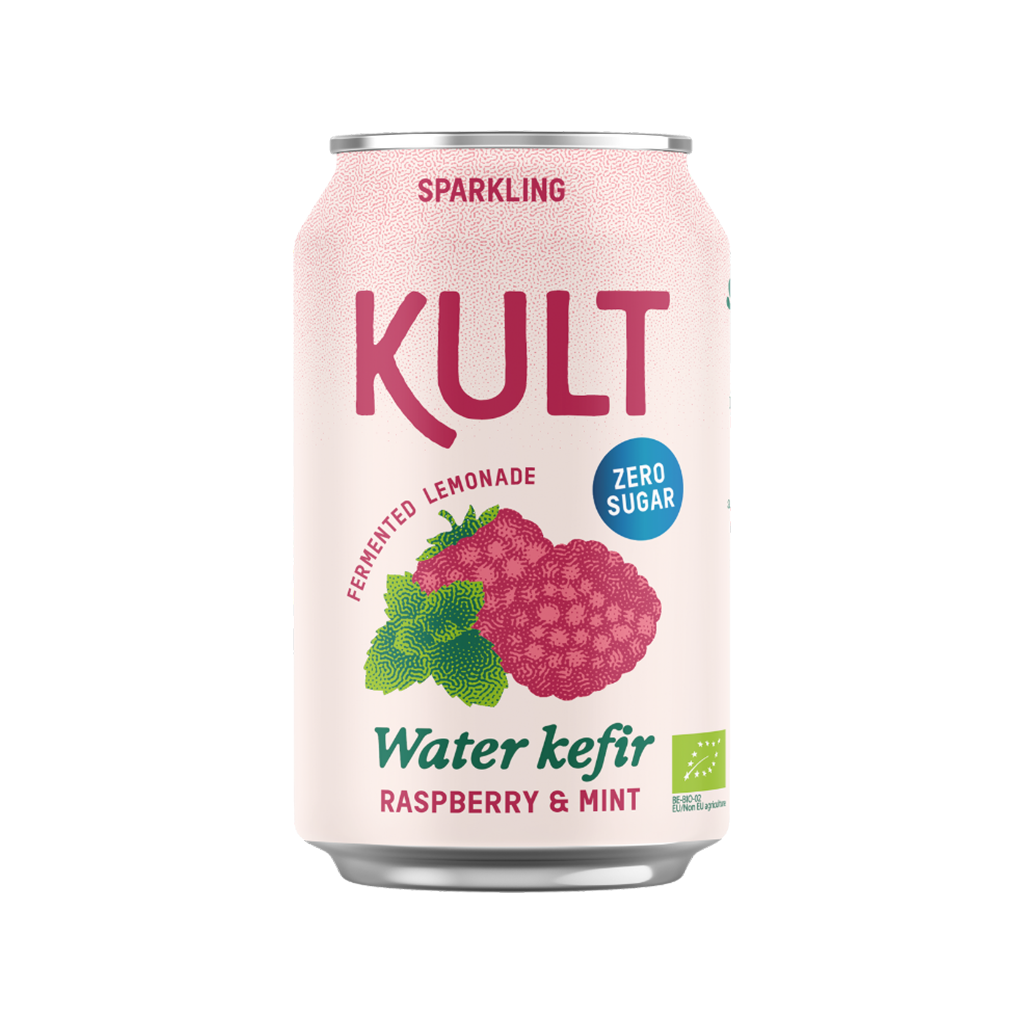 KULT sparkling water kefir can with raspberry and mint flavor on a white background