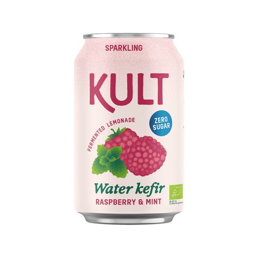 KULT sparkling water kefir can with raspberry and mint flavor on a white background