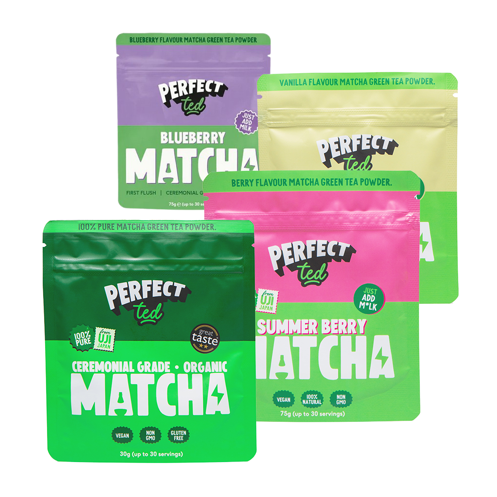 Four packages of Perfect Ted matcha green tea powder in different flavors on a white background.