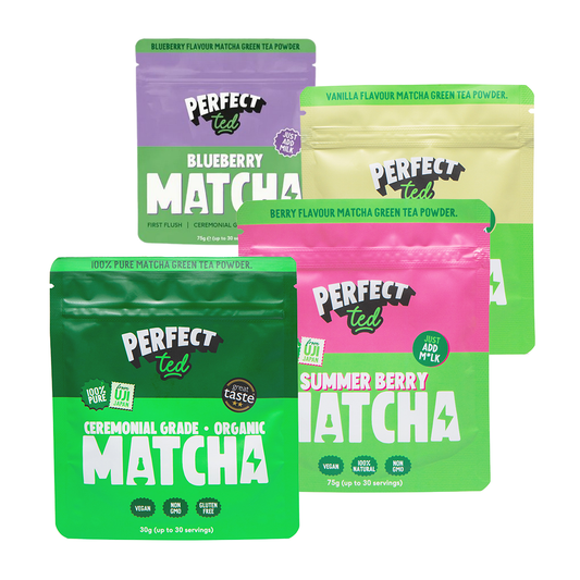 Four packages of Perfect Ted matcha green tea powder in different flavors on a white background.