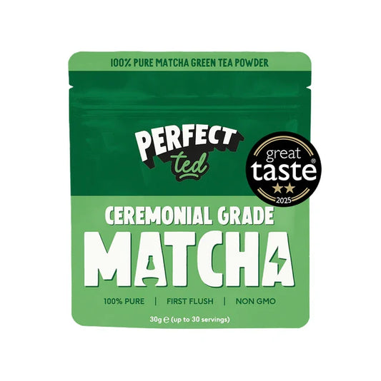 Green package of Perfect Ted Matcha green tea powder with certification badge on a white background