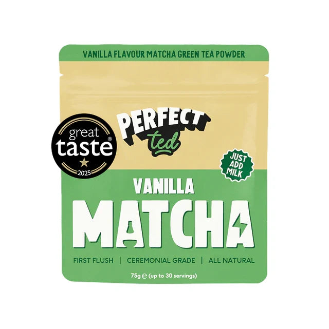 Vanilla Matcha green tea powder package with 'Perfect Ted' branding on a white background