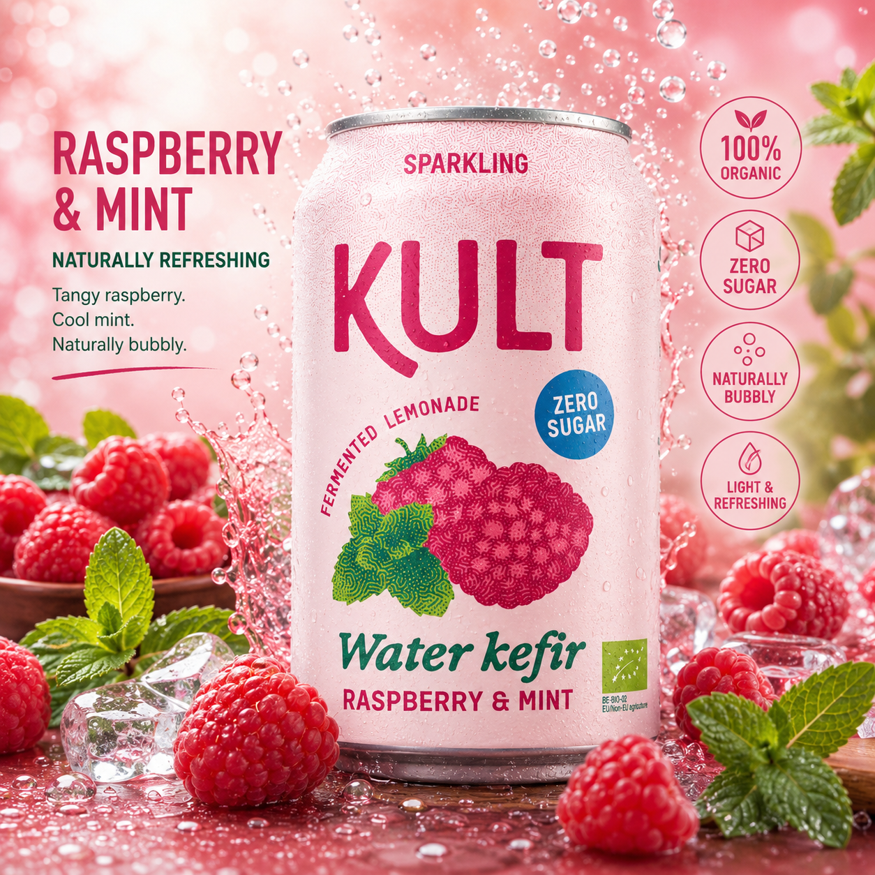 KULT vodni kefir, BREZ SLADKORJA Malina in meta, 300ml