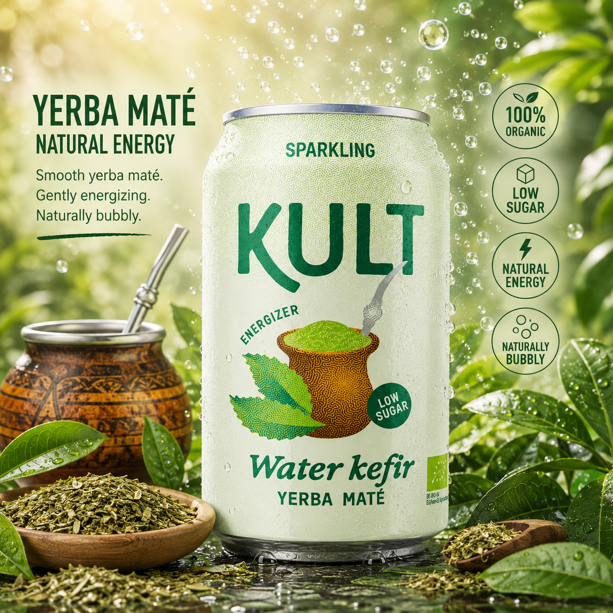KULT sparkling yerba mate water kefir can with green leaves and natural elements in the background