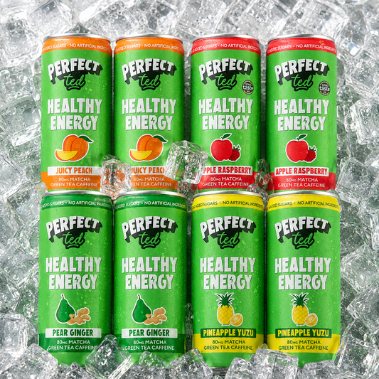 Multiple cans of Perfect Ted's Healthy Energy drinks on a ice background